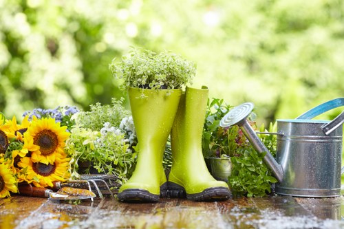 The image displays a gardening scene set on a wooden outdoor table in a lush, green environment, likely in Southwark. In the foreground, there are bright yellow sunflower flowers arranged together, with some smaller white and purple flowering plants nearby. Prominently positioned at the center are a pair of lime green rubber gardening boots, filled with small white blooms, suggestive of garden flowers or foliage. To the right of the boots, there is a silver metal watering can with a long spout and a blue handle, resting on the table, indicating active gardening tasks. The background features blurred greenery, including trees and shrubs, consistent with a well-maintained garden space, which could be part of a residential or community garden in the area. The scene appears to be captured on a bright day, with natural sunlight illuminating the vibrant colours and textures, reflecting a tranquil outdoor environment suitable for outdoor garden maintenance and landscaping activities carried out by local gardening services such as Landscapers Southwark.