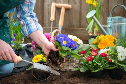 A gardener's hand is shown planting a vibrant purple primula flower into rich, dark soil within a well-maintained garden bed. Surrounding the planting area are several other potted flowers, including yellow and red blooms, on a garden table in the background. The scene features a rustic wooden fence and garden tools, such as a watering can and trowel, indicating outdoor gardening activity. The garden appears tidy and organized, with a variety of flowering plants adding splashes of colour against the natural tones of the soil and green foliage, suitable for a residential outdoor space in Southwark or similar suburban area. Overcast weather provides soft, diffuse lighting, highlighting the textures of the soil, plant leaves, and flower petals, reflecting typical UK gardening conditions managed by companies like Landscapers Southwark specializing in lawn care, planting, and outdoor maintenance services.