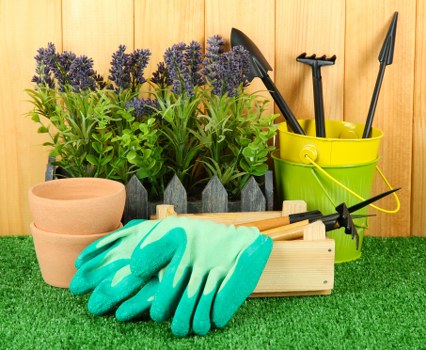 A neatly arranged gardening tools and supplies setup in a backyard garden, featuring a light wooden shed or fence backdrop. In the foreground, there are three empty terracotta plant pots of varying sizes placed on a green artificial grass surface. Next to the pots, a pair of bright teal gardening gloves rests inside a small wooden toolbox, which also contains hand tools such as a trowel and pruners. Behind the toolkit, a yellow plastic bucket holds assorted garden tools with black handles, including a small hand rake and a trowel. To the left, a row of young lavender or similar flowering plants with purple flower spikes and green foliage stands in black plastic pots. The scene is well-lit with natural daylight, suggesting a clear weather day, and the overall setting reflects a well-maintained outdoor space prepared for planting or garden maintenance, characteristic of local gardening and landscaping services in Southwark or the broader London area.